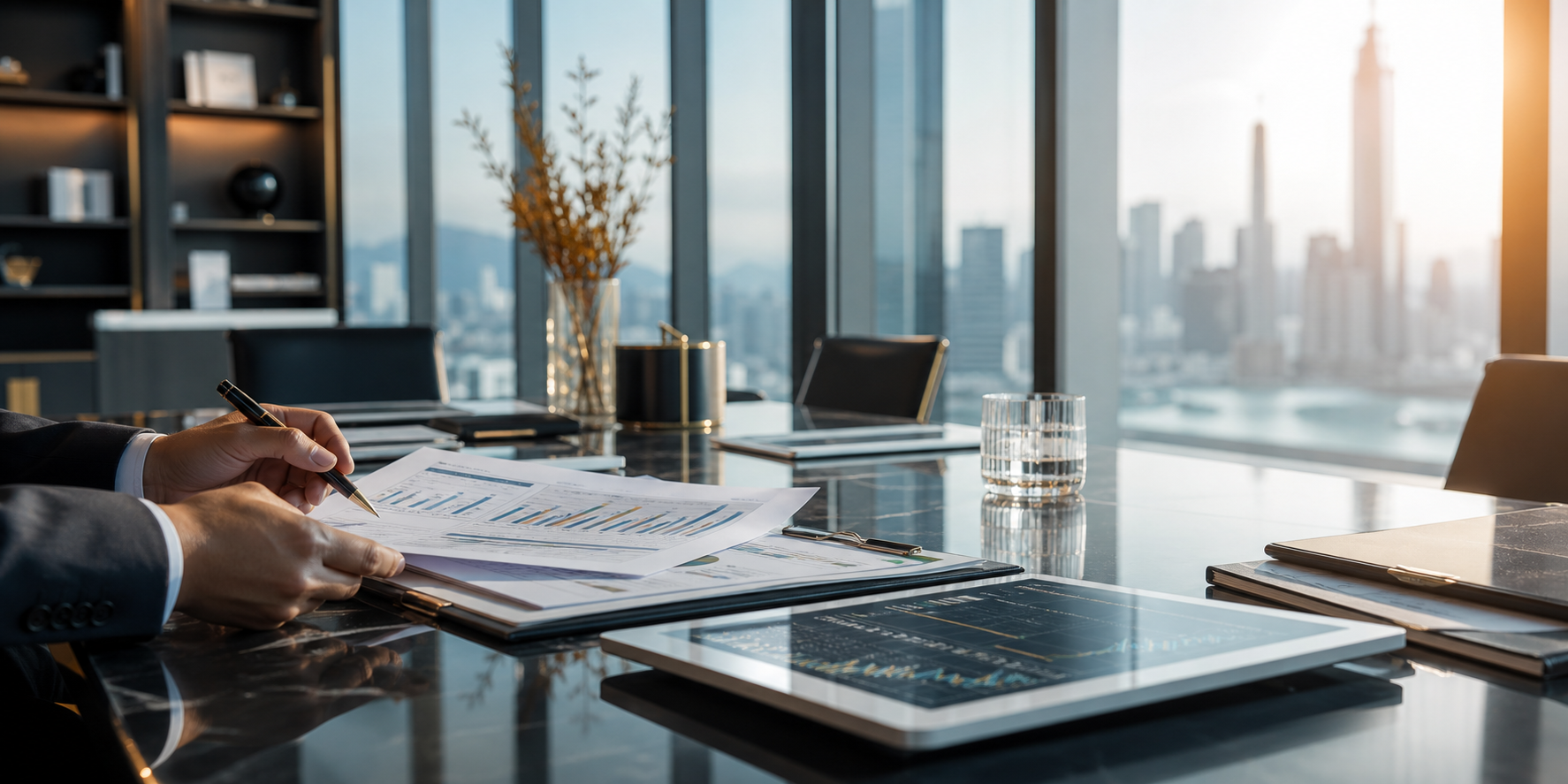 Modern boardroom with financial documents and city skyline